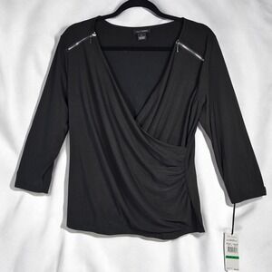 Nue Options Top Woman Large Black Wrap Ruched 3/4 Sleeve Shoulder Zippers NWT
